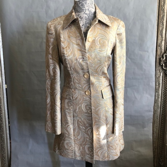 Jackets & Blazers - Silver & Gold Brocade Coat w Metallic Blue Detail